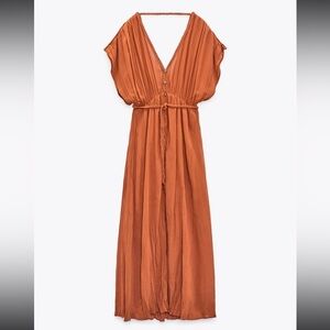 NWT ZARA BELTED RUSTIC DRESS CARAMEL/orange - REF 9878/222 XS